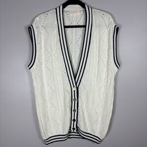 Pendleton Women's Medium White Blue Trim V Neck Cable‎ Knit Sweater Vest VTG